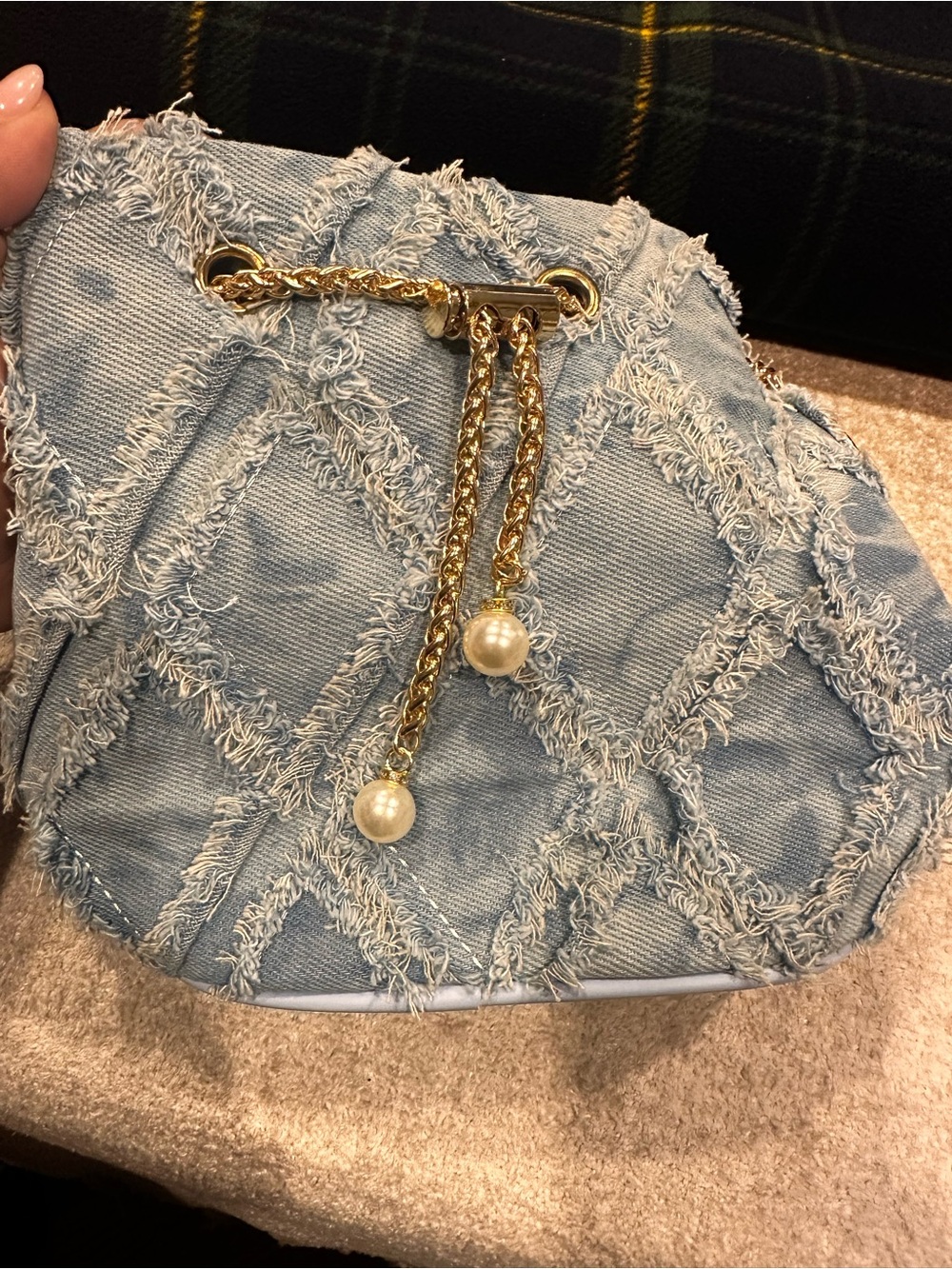 Denim Quilted Pearl-Accent Shoulder Bag